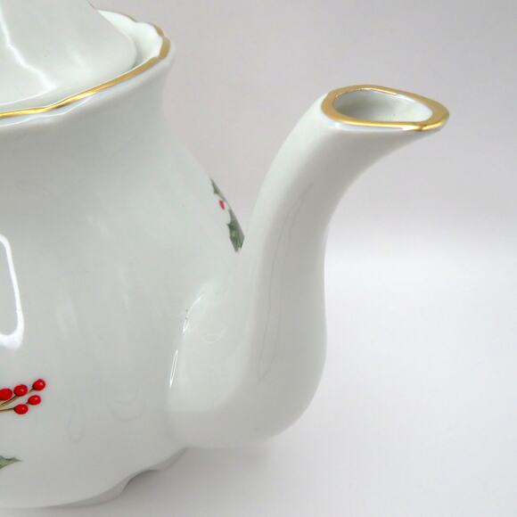 Lefton Christmas Teapot 1987 Poinsettia Holly Gold Trim Holiday Serveware Japan - Picture 13 of 16